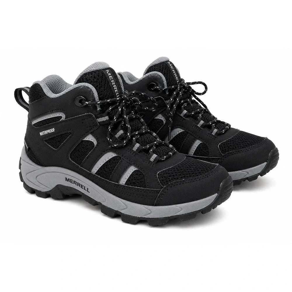 Merrell Oakcreek Waterproof Hiking Boots Youth 2M Black Gray Lace Up MSRP $85